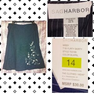 Sag Harbor Blk w/Wht Pinstripes & Embroidered Floral & Beaded A-Line Skirt Sz 14